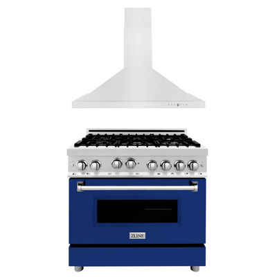 ZLINE 36" Kitchen Package with Stainless Steel Gas Range with Blue Gloss Door and Convertible Vent Range Hood