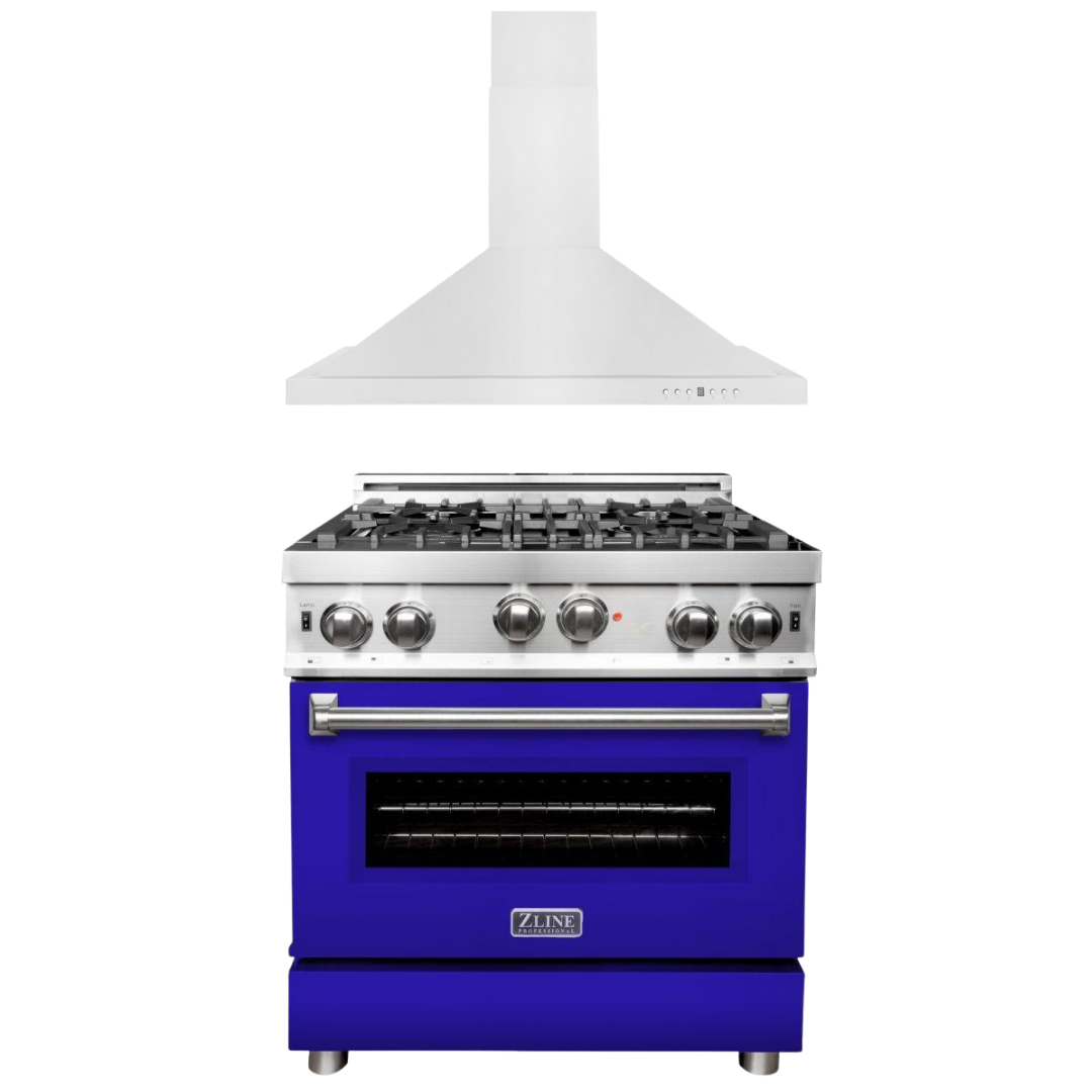 ZLINE 30" Kitchen Package with Stainless Steel Gas Range with Blue Matte Door and Convertible Vent Range Hood