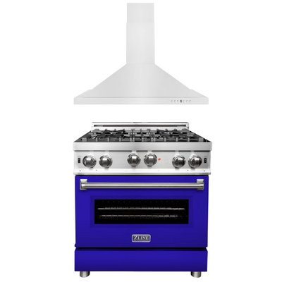 ZLINE 30" Kitchen Package with Stainless Steel Gas Range with Blue Matte Door and Convertible Vent Range Hood