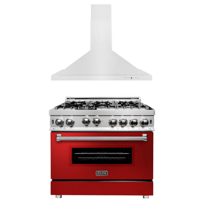 ZLINE 36" Kitchen Package with Stainless Steel Gas Range with Red Gloss Door and Convertible Vent Range Hood