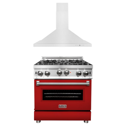 ZLINE 30" Kitchen Package with Stainless Steel Gas Range with Red Matte Door and Convertible Vent Range Hood