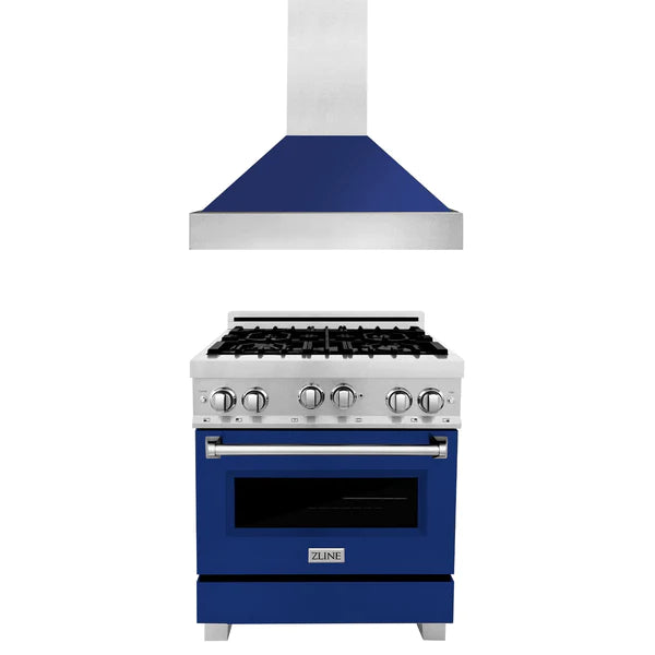 ZLINE 30" Kitchen Package with DuraSnow® Stainless Steel Gas Range with Blue Gloss Door and Convertible Vent Range Hood