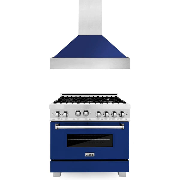 ZLINE 36" Kitchen Package with DuraSnow® Stainless Steel Gas Range with Blue Gloss Door and Convertible Vent Range Hood