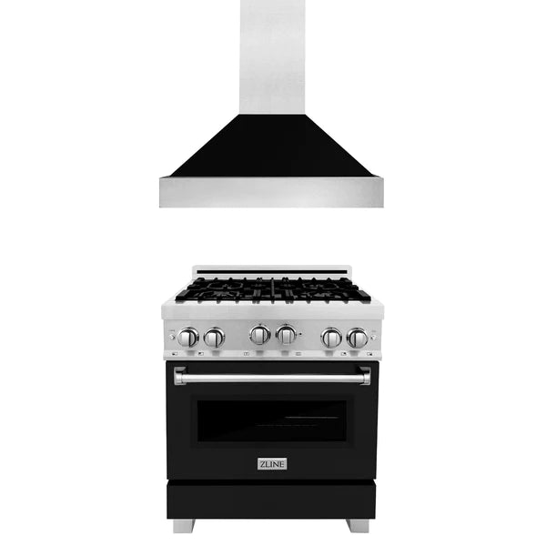 ZLINE 30" Kitchen Package with DuraSnow® Stainless Steel Gas Range with Black Matte Door and Convertible Vent Range Hood
