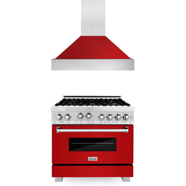 ZLINE 36" Kitchen Package with DuraSnow® Stainless Steel Gas Range with Red Gloss Door and Convertible Vent Range Hood