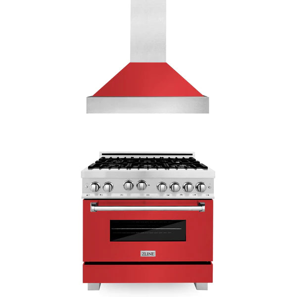 ZLINE 36" Kitchen Package with DuraSnow® Stainless Steel Gas Range with Red Matte Door and Convertible Vent Range Hood