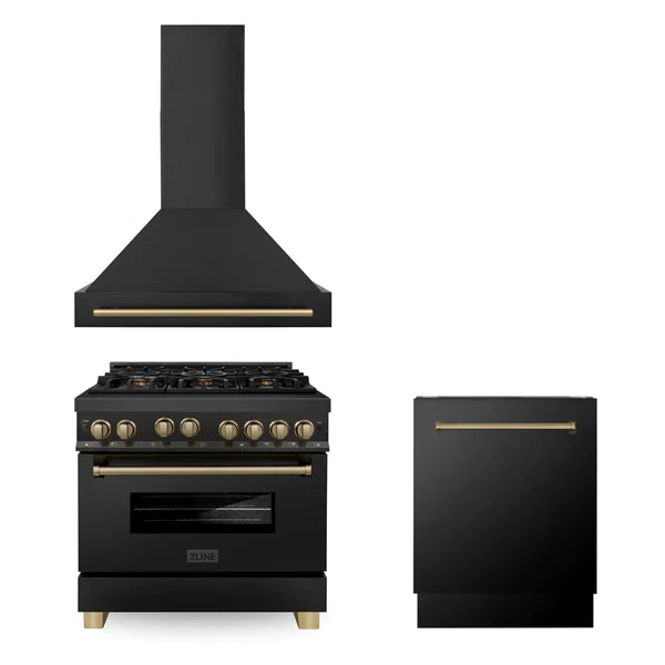 ZLINE 36" Autograph Edition Kitchen Package with Black Stainless Steel Gas Range, Range Hood and Dishwasher with Champagne Bronze Accents