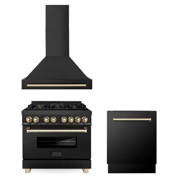 ZLINE 36" Autograph Edition Kitchen Package with Black Stainless Steel Dual Fuel Range, Range Hood and Dishwasher with Gold Accents