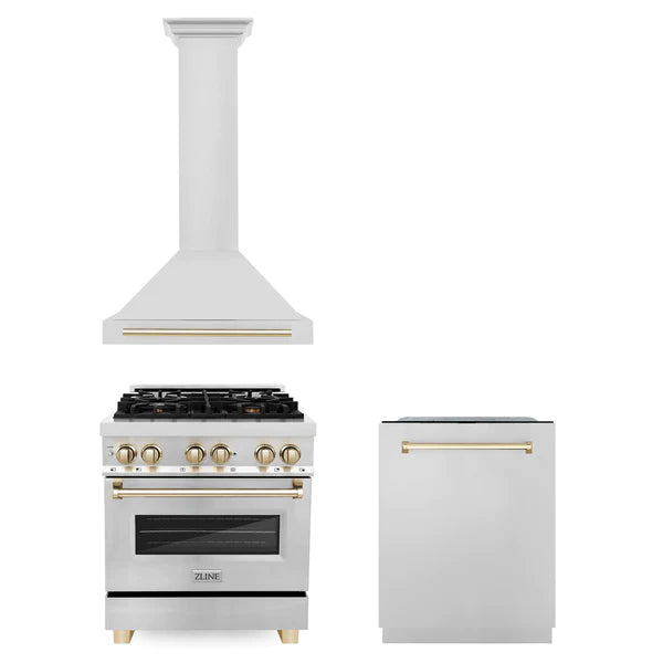 ZLINE 30" Autograph Edition Kitchen Package with Stainless Steel Dual Fuel Range, Range Hood and Dishwasher with Gold Accents