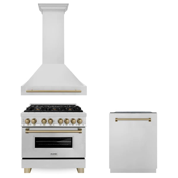 ZLINE 36" Autograph Edition Kitchen Package with Stainless Steel Dual Fuel Range, Range Hood and Dishwasher with Champagne Bronze Accents