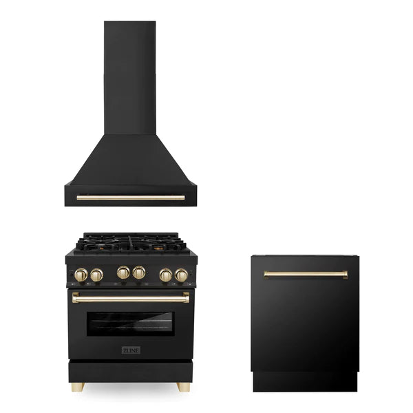 ZLINE 30" Autograph Edition Kitchen Package with Black Stainless Steel Gas Range, Range Hood and Dishwasher with Gold Accents