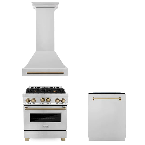 ZLINE 30" Autograph Edition Kitchen Package with Stainless Steel Gas Range, Range Hood and Dishwasher with Champagne Bronze Accents