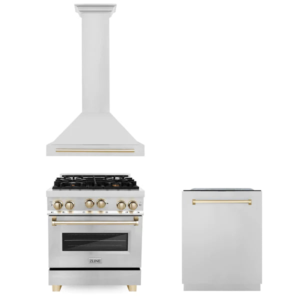 ZLINE 30" Autograph Edition Kitchen Package with Stainless Steel Gas Range, Range Hood and Dishwasher with Gold Accents