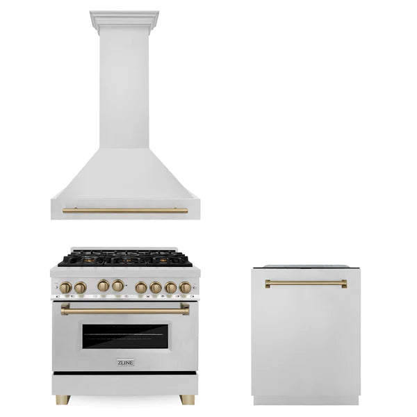 ZLINE 36" Autograph Edition Kitchen Package with Stainless Steel Gas Range, Range Hood and Dishwasher with Champagne Bronze Accents
