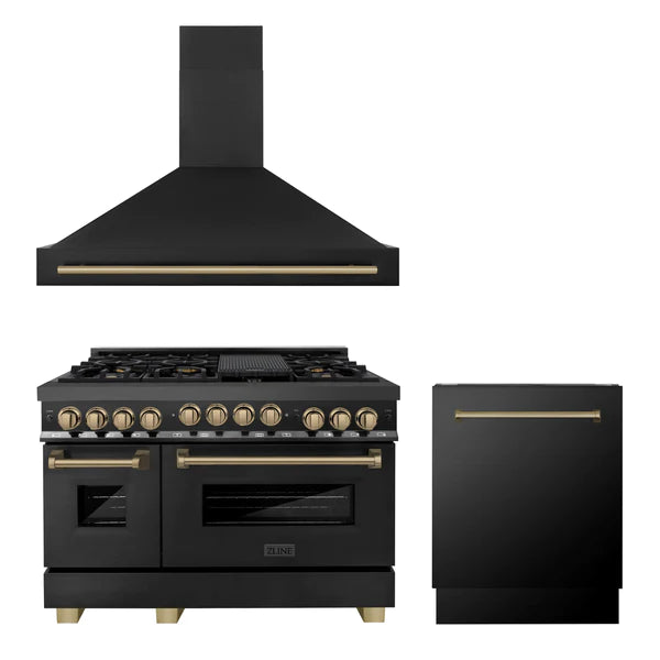 ZLINE 48" Autograph Edition Kitchen Package with Black Stainless Steel Gas Range, Range Hood and Dishwasher with Champagne Bronze Accents