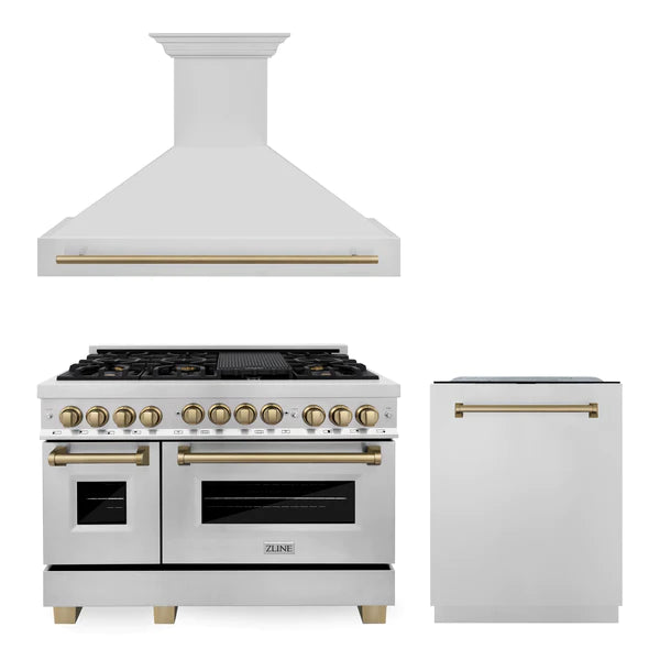 ZLINE 48" Autograph Edition Kitchen Package with Stainless Steel Gas Range, Range Hood and Dishwasher with Champagne Bronze Accents