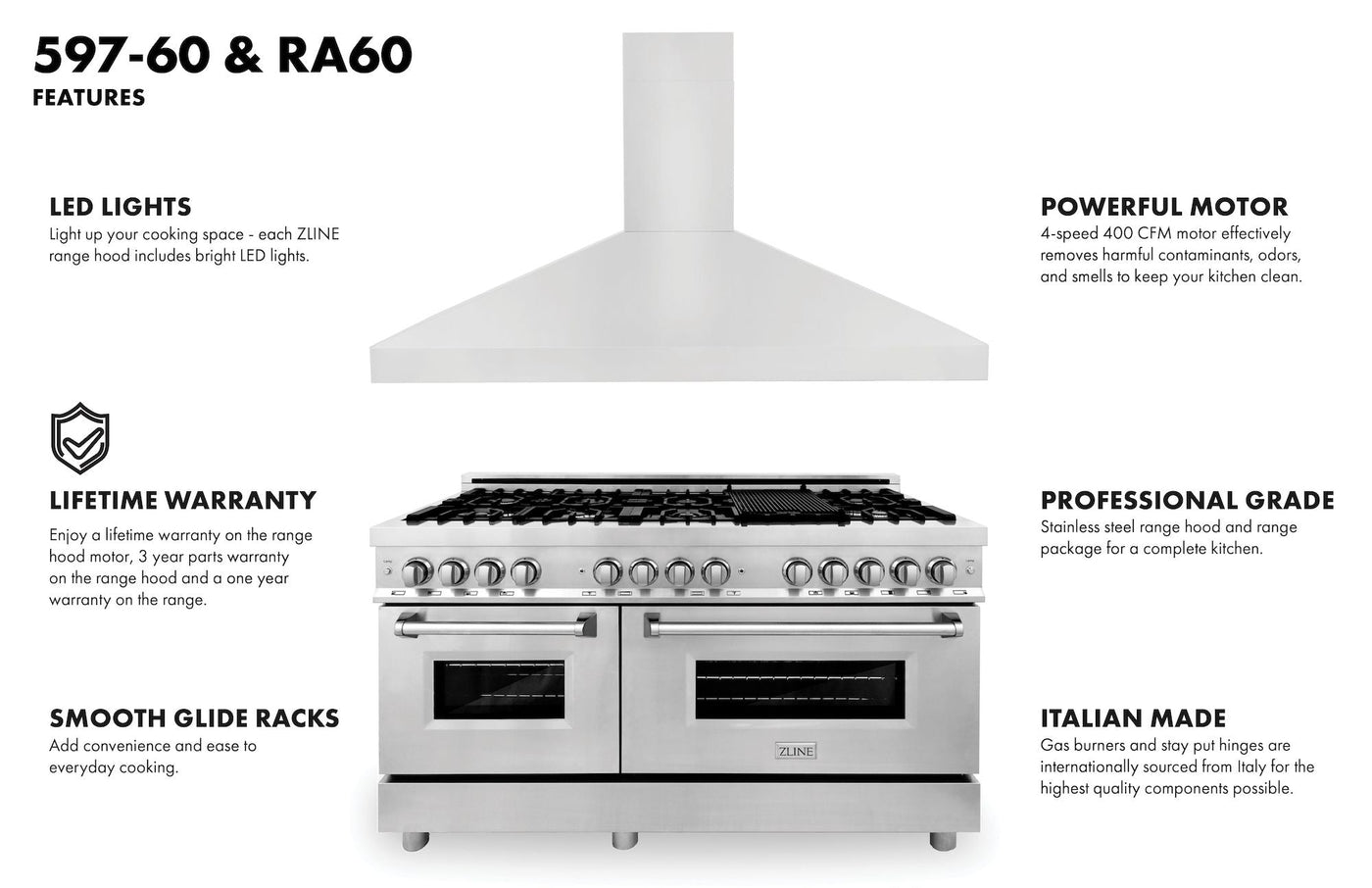 ZLINE 60" Kitchen Package with Stainless Steel Dual Fuel Range and Convertible Vent Range Hood