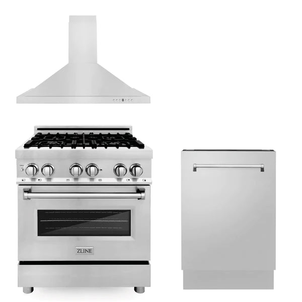 ZLINE 30" Kitchen Package with Stainless Steel Dual Fuel Range, Convertible Vent Range Hood and Tall Tub Dishwasher