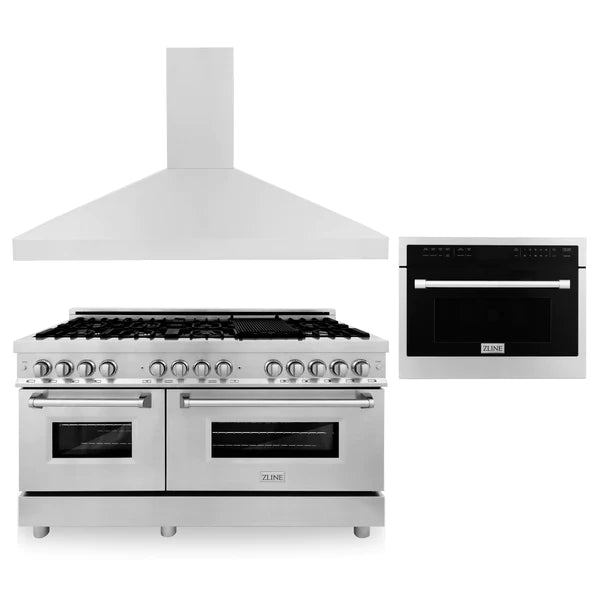 ZLINE 60" Kitchen Package with Stainless Steel Dual Fuel Range, Convertible Vent Range Hood and 24" Microwave Oven