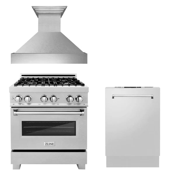 ZLINE 30" Kitchen Package with DuraSnow® Stainless Dual Fuel Range, Ducted Vent Range Hood and Tall Tub Dishwasher