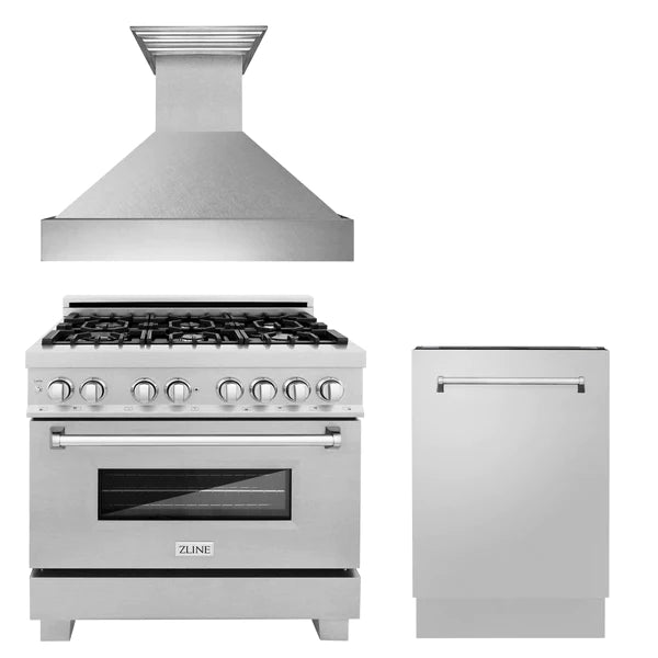 ZLINE 36" Kitchen Package with DuraSnow® Stainless Dual Fuel Range, Ducted Vent Range Hood and Tall Tub Dishwasher