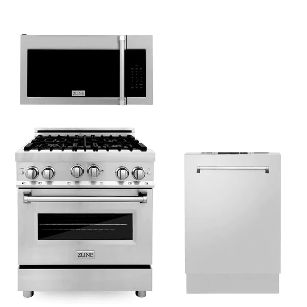 ZLINE 30" Kitchen Package with Stainless Steel Gas Range, Traditional Over The Range Microwave and Dishwasher