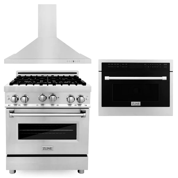 ZLINE 30" Kitchen Package with Stainless Steel Gas Range, Convertible Vent Range Hood and 24" Microwave Oven