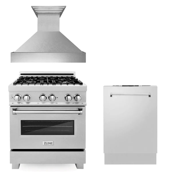 ZLINE 30" Kitchen Package with DuraSnow® Stainless Steel Gas Range, Ducted Range Hood and Tall Tub Dishwasher