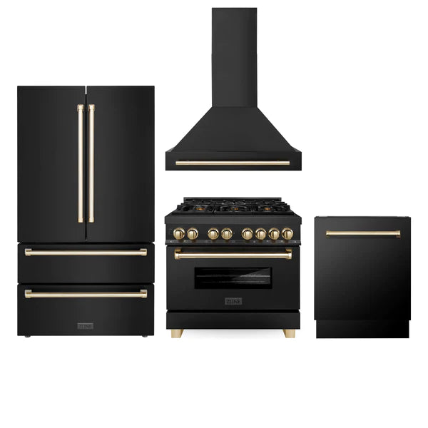 ZLINE 36" Autograph Edition Kitchen Package with Black Stainless Steel Dual Fuel Range, Range Hood, Dishwasher and Refrigeration with Gold Accents