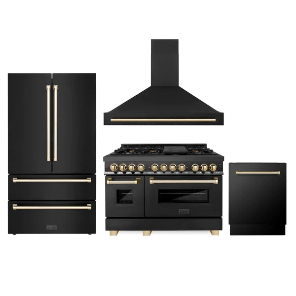 ZLINE 48" Autograph Edition Kitchen Package with Black Stainless Steel Dual Fuel Range, Range Hood, Dishwasher and Refrigeration with Gold Accents
