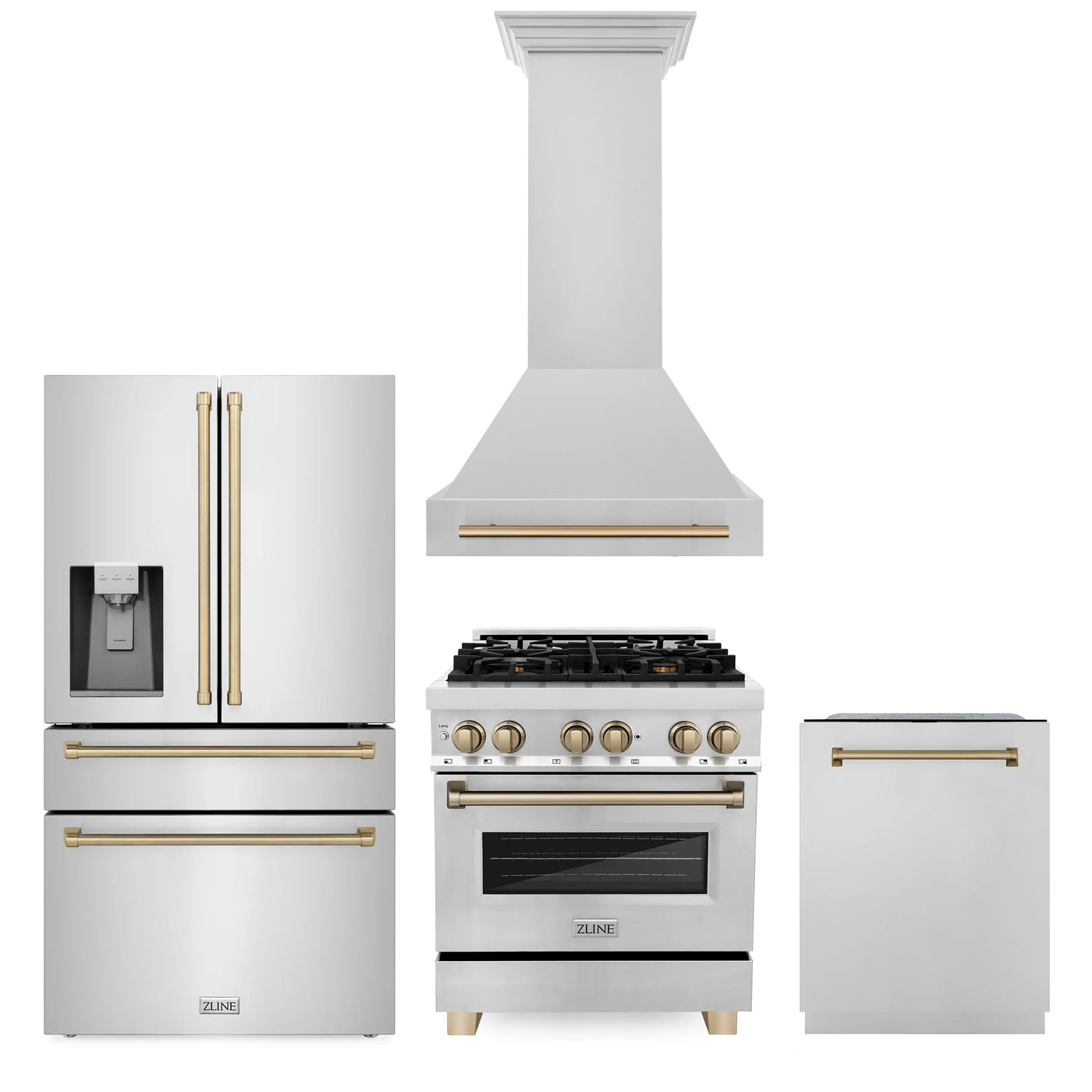 ZLINE 30" Autograph Edition Kitchen Package with Stainless Steel Dual Fuel Range, Range Hood, Dishwasher and Refrigeration with Champagne Bronze Accents