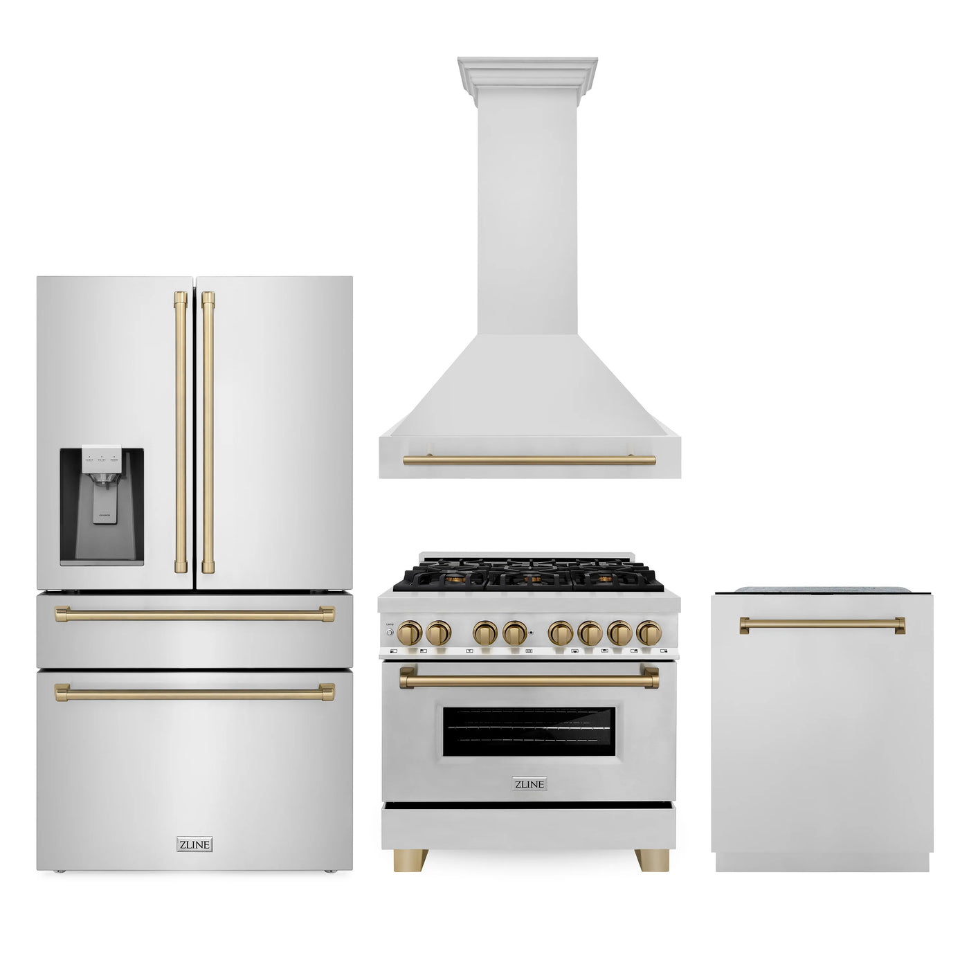 ZLINE 36" Autograph Edition Kitchen Package with Stainless Steel Dual Fuel Range, Range Hood, Dishwasher and Refrigeration with Champagne Bronze Accents