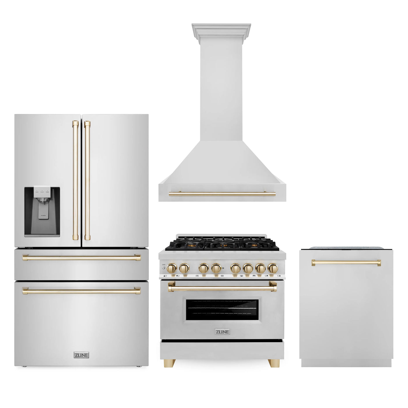 ZLINE 36" Autograph Edition Kitchen Package with Stainless Steel Dual Fuel Range, Range Hood, Dishwasher and Refrigeration with Gold Accents