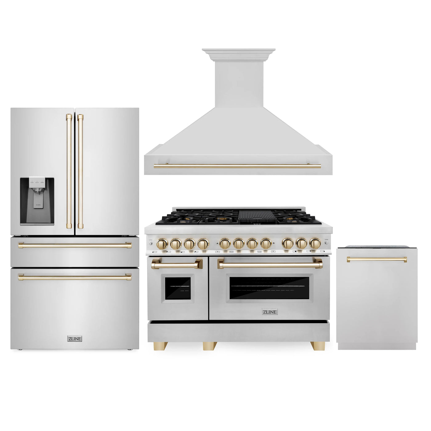 ZLINE 48" Autograph Edition Kitchen Package with Stainless Steel Dual Fuel Range, Range Hood, Dishwasher and Refrigeration with Gold Accents