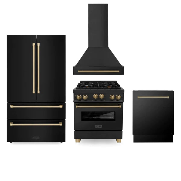 ZLINE 30" Autograph Edition Kitchen Package with Black Stainless Steel Gas Range, Range Hood, Dishwasher and Refrigeration with Champagne Bronze Accents