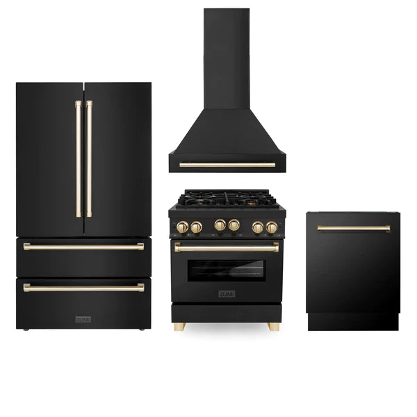 ZLINE 30" Autograph Edition Kitchen Package with Black Stainless Steel Gas Range, Range Hood, Dishwasher and Refrigeration with Gold Accents