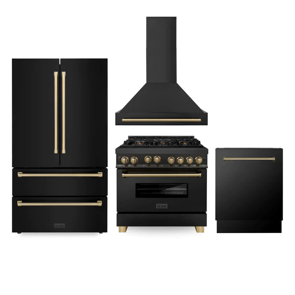 ZLINE 36" Autograph Edition Kitchen Package with Black Stainless Steel Gas Range, Range Hood, Dishwasher and Refrigeration with Champagne Bronze Accents