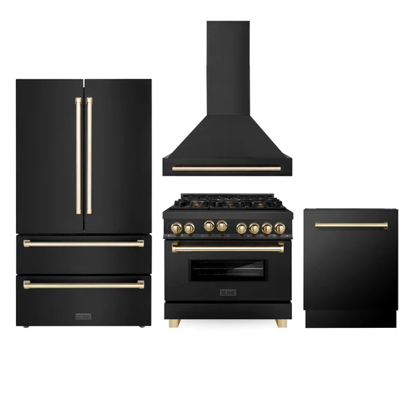 ZLINE 36" Autograph Edition Kitchen Package with Black Stainless Steel Gas Range, Range Hood, Dishwasher and Refrigeration with Gold Accents