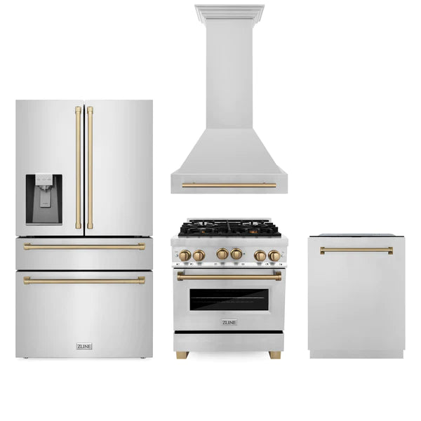 ZLINE 30" Autograph Edition Kitchen Package with Stainless Steel Gas Range, Range Hood, Dishwasher and Refrigeration with Champagne Bronze Accents