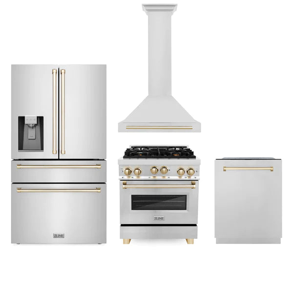 ZLINE 30" Autograph Edition Kitchen Package with Stainless Steel Gas Range, Range Hood, Dishwasher and Refrigeration with Gold Accents