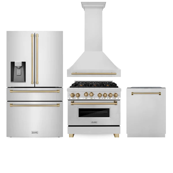 ZLINE 36" Autograph Edition Kitchen Package with Stainless Steel Gas Range, Range Hood, Dishwasher and Refrigeration with Champagne Bronze Accents