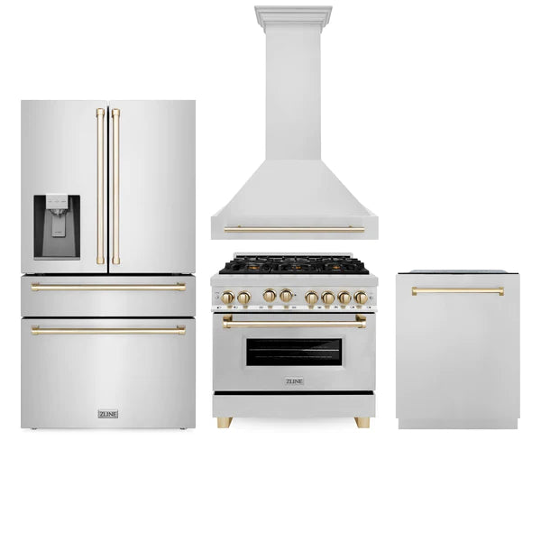 ZLINE 36" Autograph Edition Kitchen Package with Stainless Steel Gas Range, Range Hood, Dishwasher and Refrigeration with Gold Accents