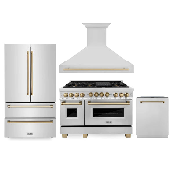 ZLINE 48" Autograph Edition Kitchen Package with Stainless Steel Gas Range, Range Hood, Dishwasher and Refrigeration with Champagne Bronze Accents