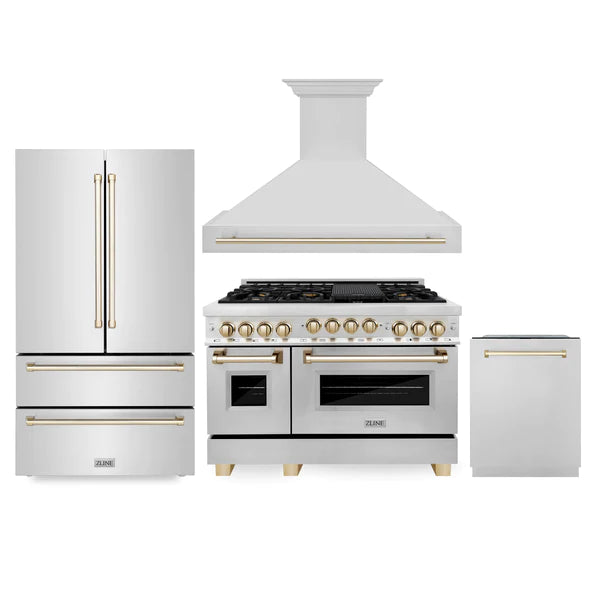 ZLINE 48" Autograph Edition Kitchen Package with Stainless Steel Gas Range, Range Hood, Dishwasher and Refrigeration with Gold Accents