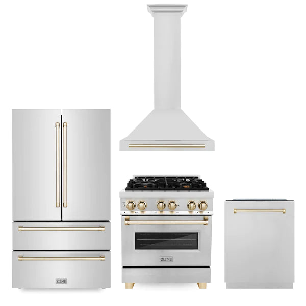 ZLINE 30" Autograph Edition Kitchen Package with Stainless Steel Dual Fuel Range, Range Hood, Dishwasher and Refrigeration with Gold Accents