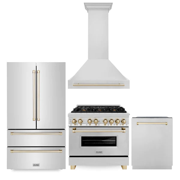 ZLINE 36" Autograph Edition Kitchen Package with Stainless Steel Dual Fuel Range, Range Hood, Dishwasher and Refrigeration with Gold Accents