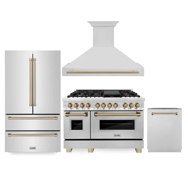 ZLINE 48" Autograph Edition Kitchen Package with Stainless Steel Dual Fuel Range, Range Hood, Dishwasher and Refrigeration with Champagne Bronze Accents