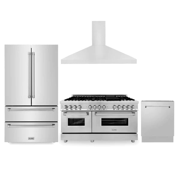 ZLINE Kitchen Package with Refrigeration, 60" Stainless Steel Dual Fuel Range, 60" Convertible Vent Range Hood and 24" Tall Tub Dishwasher