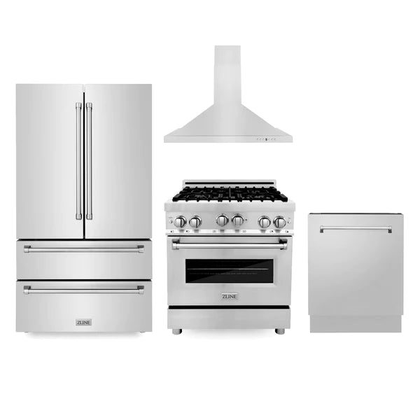 ZLINE Kitchen Package with Refrigeration, 30" Stainless Steel Gas Range, 30" Convertible Vent Range Hood and 24" Tall Tub Dishwasher