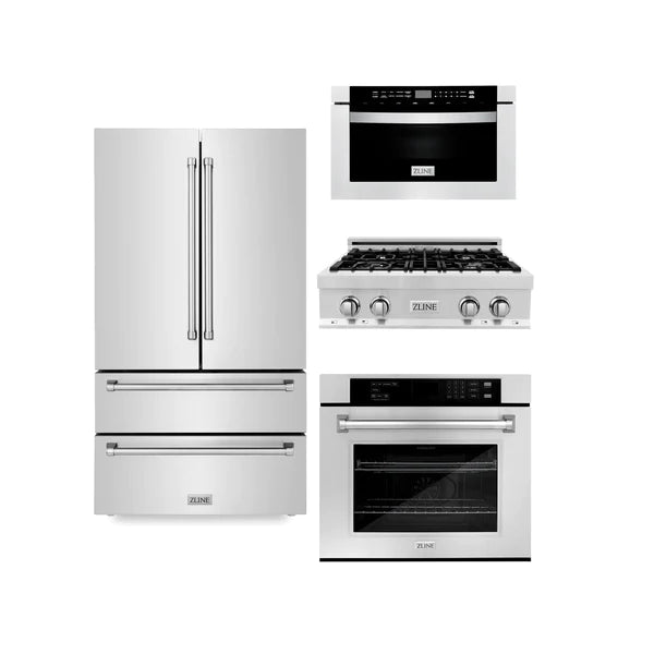 ZLINE Kitchen Package with Refrigeration, 30" Stainless Steel Rangetop, 30" Single Wall Oven, 30" Microwave Oven